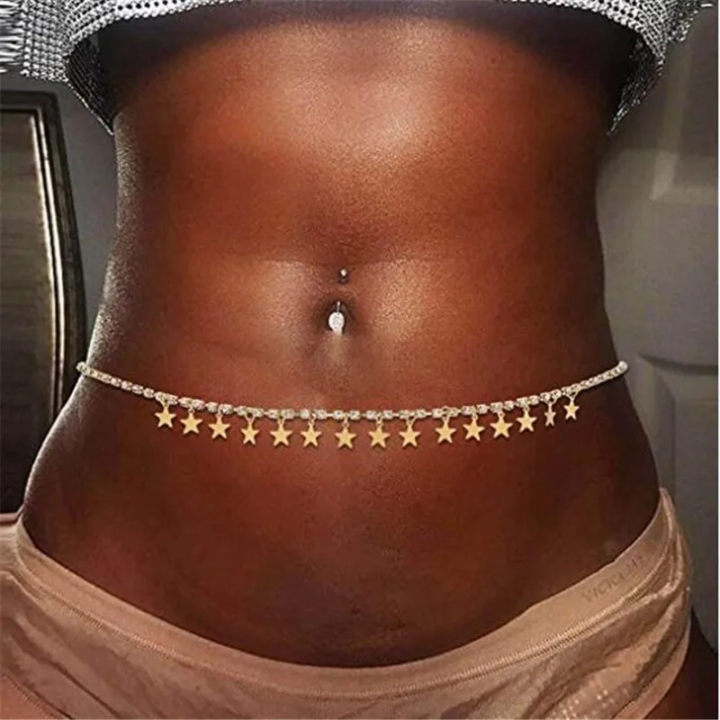 

Shining Crystal Rhinestone Tennis Chain Star Pendants Waist Chain Chic Full Diamond Star Belly Chain Bikini Body Jewelry