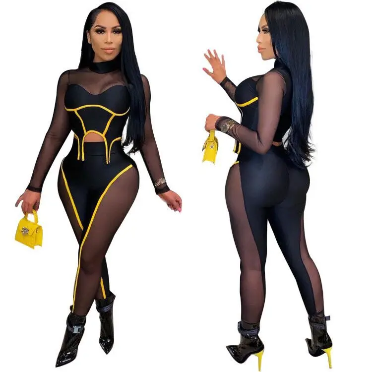 

L2376 - Sexy Bodycon Mesh Patchwork Top And Pants Two Piece Set Women