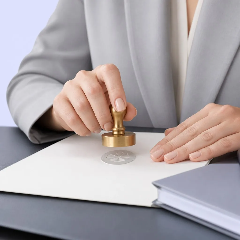 Hands stamping a contract document