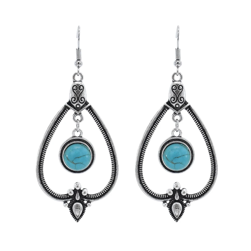 

New Design Brass Silver Plated Vintage Turquoise Ethnic African Heart Earrings for Women Accessories, Blue