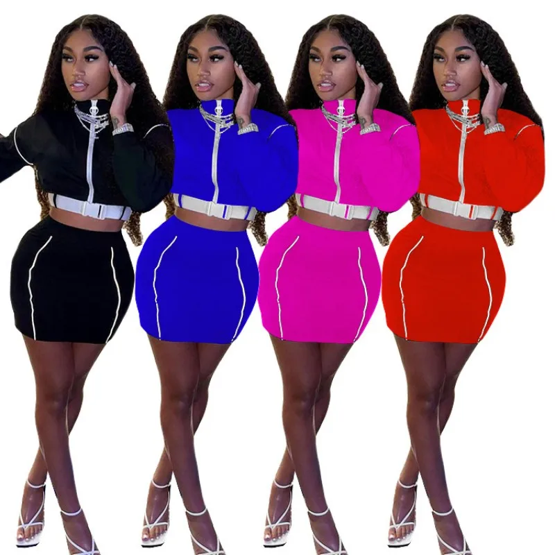 

Spring Long Sleeve Top And Mini Skirt Sets Women Skinny Streetwear Two Piece Outfits Club Matching Set