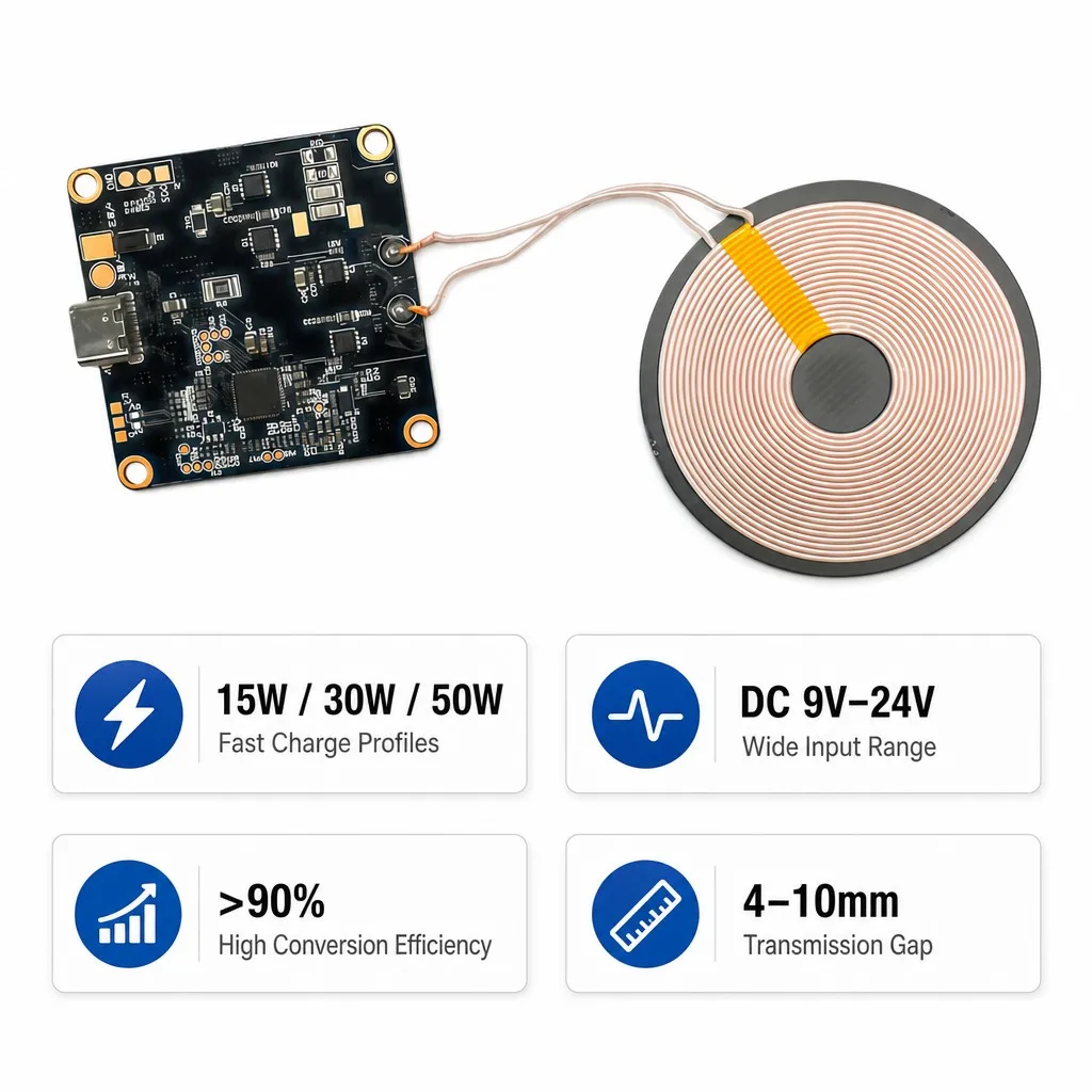 15W Qi Wireless Charging Transmitter Module Type-C Input 4-10mm Gap Ultra-Slim Coil and Control Board 15