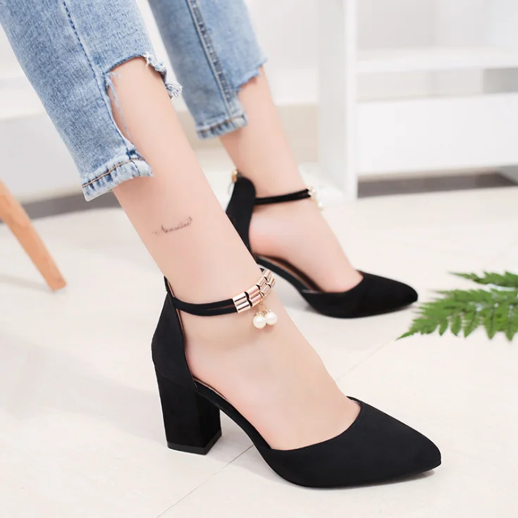 

New style thick heel shallow mouth buckle with pointed toe women's high heels 1773, Black grey