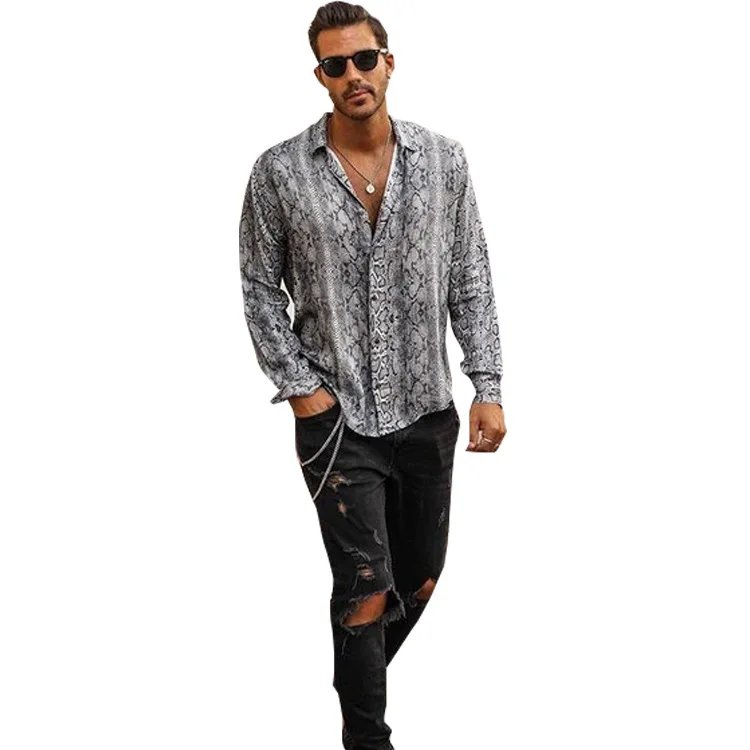 

2022 New Men's Shirts Printed Snake Print Casual Vacation Long Sleeve Men's Shirts