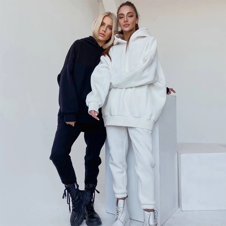 

Fall Winter Casual Oversized 100% polyester Long Sleeve Solid Color hoodie Jogger Sweatsuit Two Piece Pants Set Women Clothing, Picture
