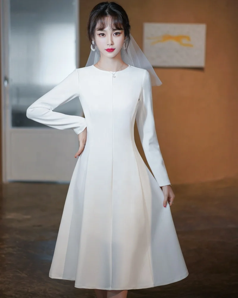 

#4217 Gorgeous 2021 New Style Korea O-Neck Long Sleeve Satin Tea Length Wedding Dress Bridal Gown, Ivory