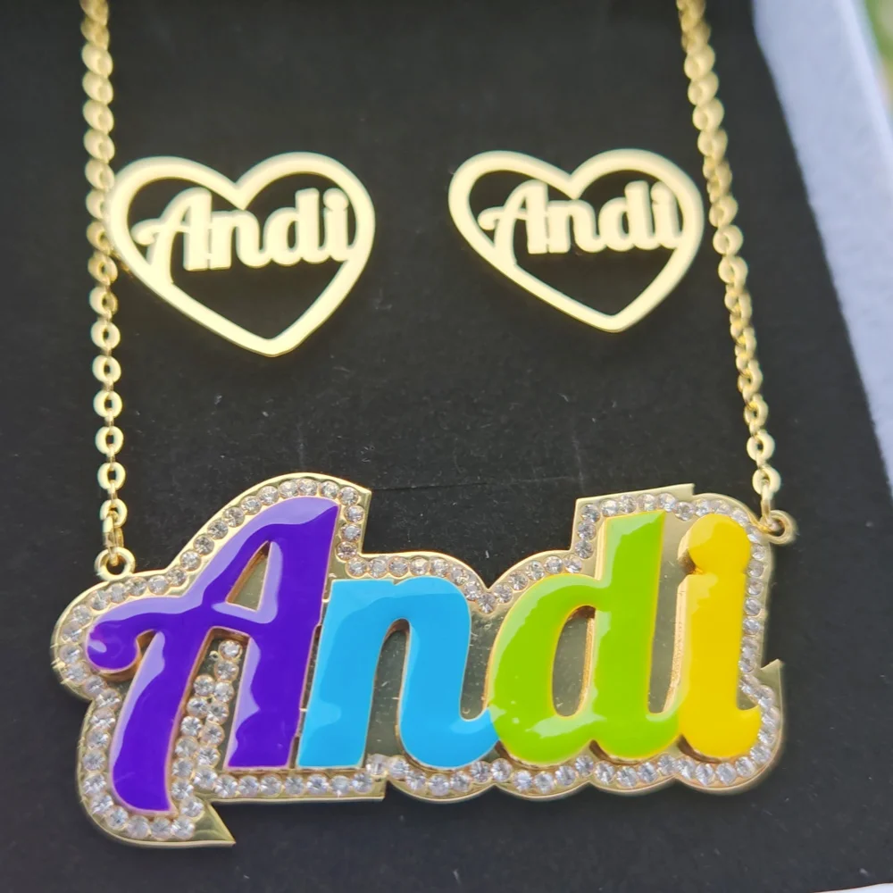 Qiuhan Personalized Stainless Steel Colorful Enamel Rhinestone Custom Name Necklace 20mm Heart Name Earstuds Jewelry Set