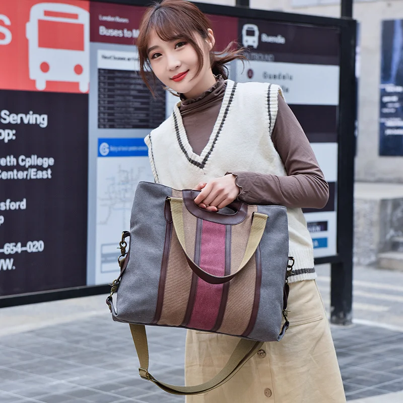 New Fashion Multi Color Stitching Stripe Canvas Woman Handbags Retro Simple Large Capacity tote Bag Ladies