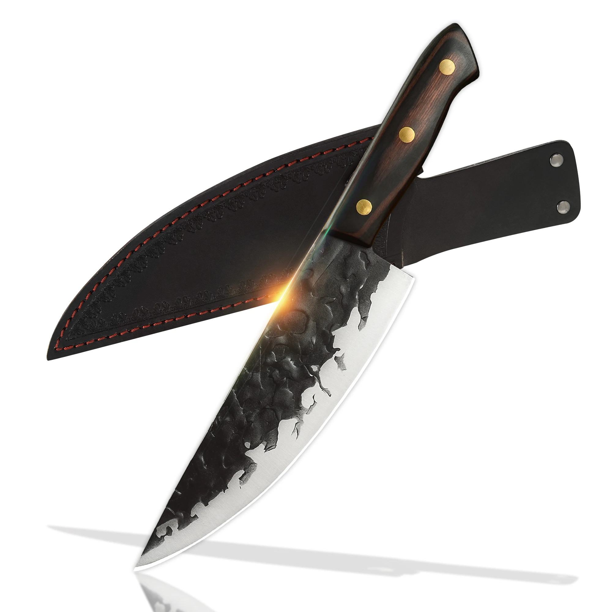 

Razor Sharp Hammer Pattern Blade Serbian Chefs Knife  Stainless Steel Big Chef Knife With Sheath For Hunting Outdoor