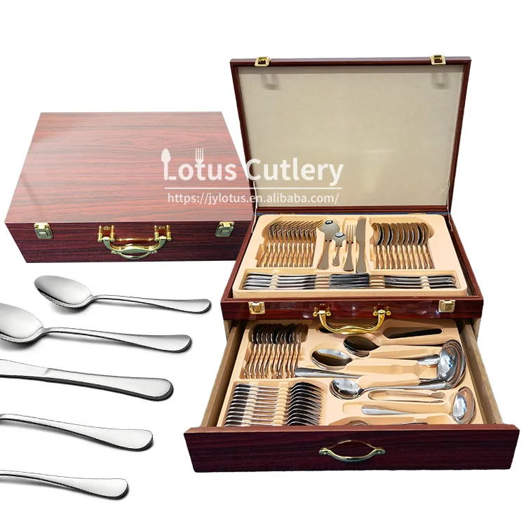 

2021 new arrivals kitchen 72 pcs cutlery set in wooden case stainless steel flatware 72pcs cutlery set 72 pieces promotion gift, Sliver