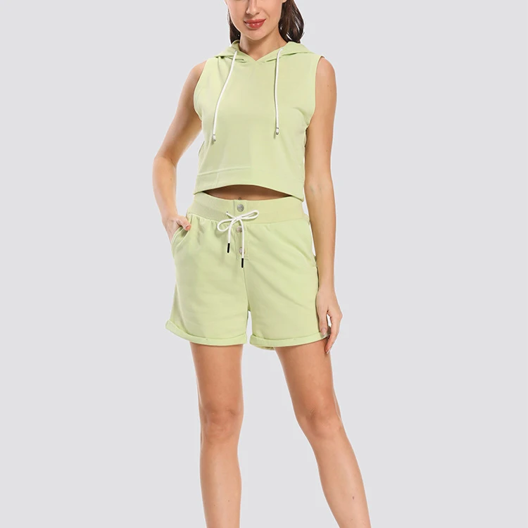 

2021 Summer 100% Cotton hoodie short set 2 Piece sleeveless hoodie set