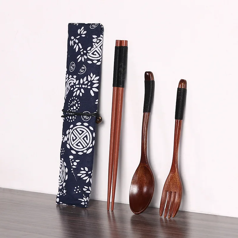 

Eco-friendly Healthy Cutlery Set Gold Black winding Wooden Dinnerware Set With Cloth Bag Travel Portable Tableware Wholesale