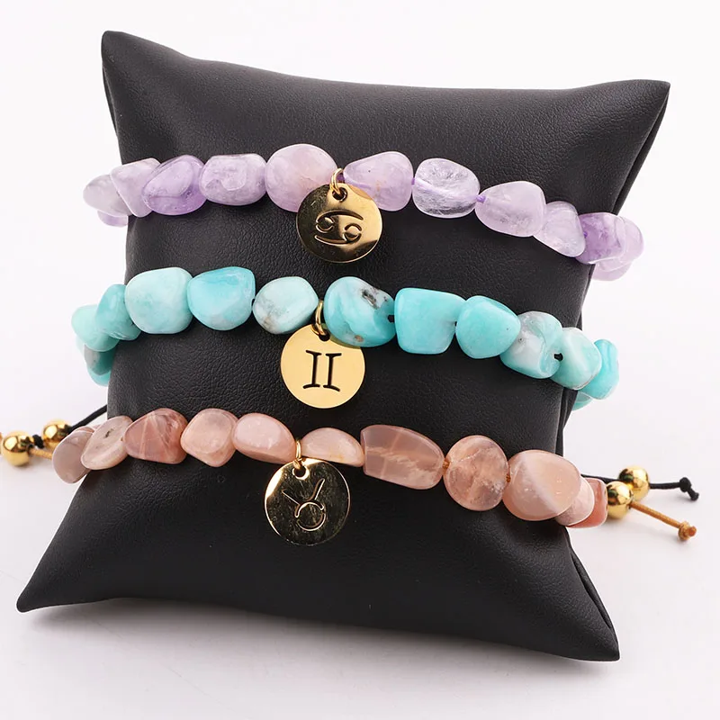 

High Quality Irregular Natural Genuine Stone Stainless Steel Zodiac Friendship Macrame Bracelet Women