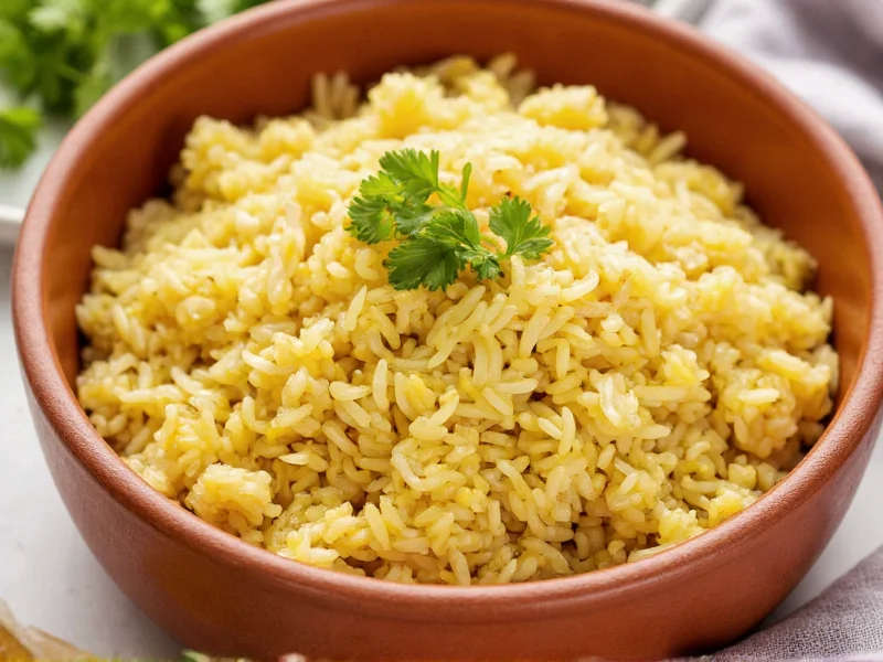 Fluffy golden homemade rice pilaf in ceramic bowl