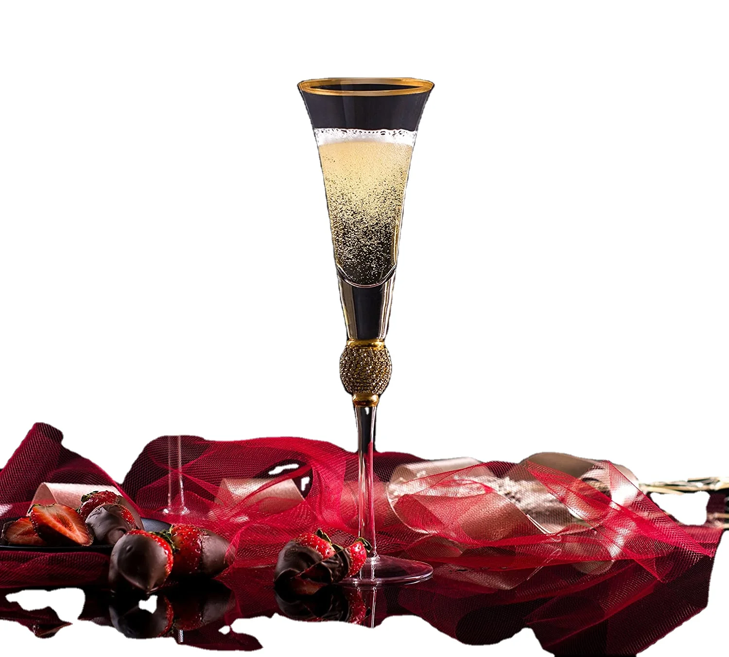 

Long Stem Champagne Flutes Rhinestone Studded Toasting Glasses With Gold Rim Wedding Cup Elegant Wine glass, Transparent
