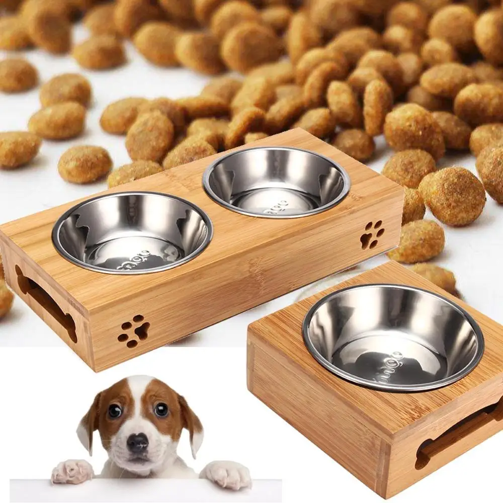 

Double Single Dog Bowls for Puppy Stainless Steel Bamboo Rack Food Water Feeder Pet Cats Feeding Dishes Dogs Drink Bowl