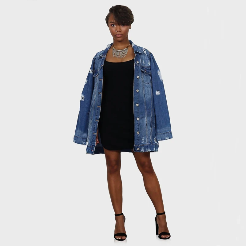 

CL-108 Oversize 3XL Blue Womens Jacket And Coat Good Quality Set Jeans Jacket Fashion Long Coat Denim With Patches