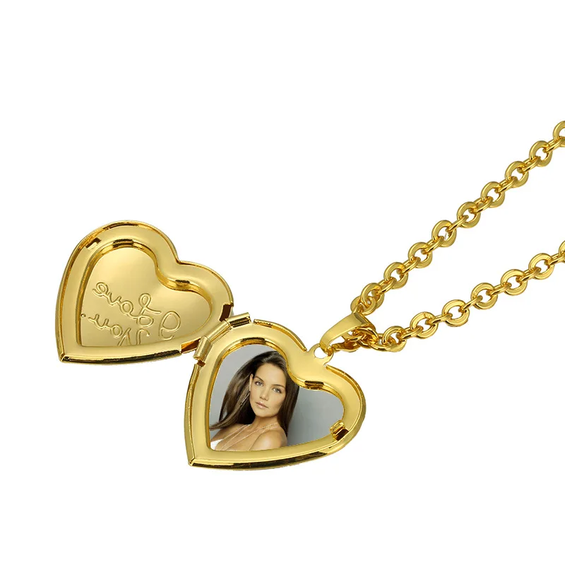 

Custom Dainty 18k gold plated copper i love you photo frame locket pendant heart necklace sublimation jewelry blanks, Gold, steel