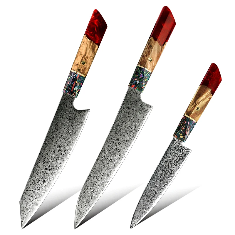 

Resin Handle Kiritsuke Chef Paring Utility Knife AUS10 67 Layers Real Damascus Japanese Multifunctional Kitchen Knives Set of 3