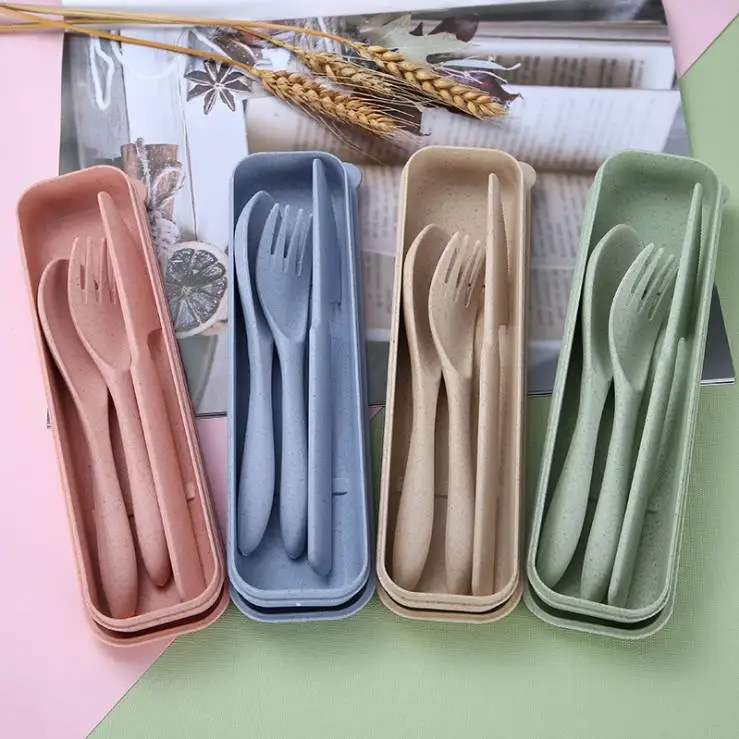 

3pcs Portable Biodegradable Reusable Spoon Fork Eco Friendly Wheat Straws Cutlery Set with Box, Pink, blue, wheat, green