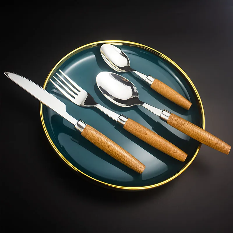 

New Good Quality 4pcs Stainless Steel Wooden Handle Cutlery Gold Flatware Knife Spoons And Forks Sets
