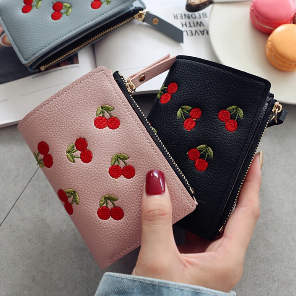 

Fashion Women Girls Short Wallet Small PU Leather Cherry Embroidery Coin Purse Card Holders Lady Girl Mini Money Bag