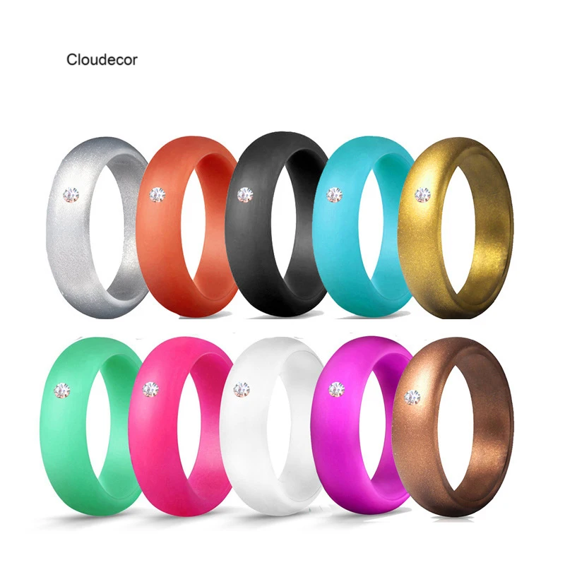 

New Fashion 5 5.7mm Rhinestone Crystals Rubber Silicone Rings Engagement Wedding Size 4-10 Soft Flexible Silicone Finger Ring, Picture shows