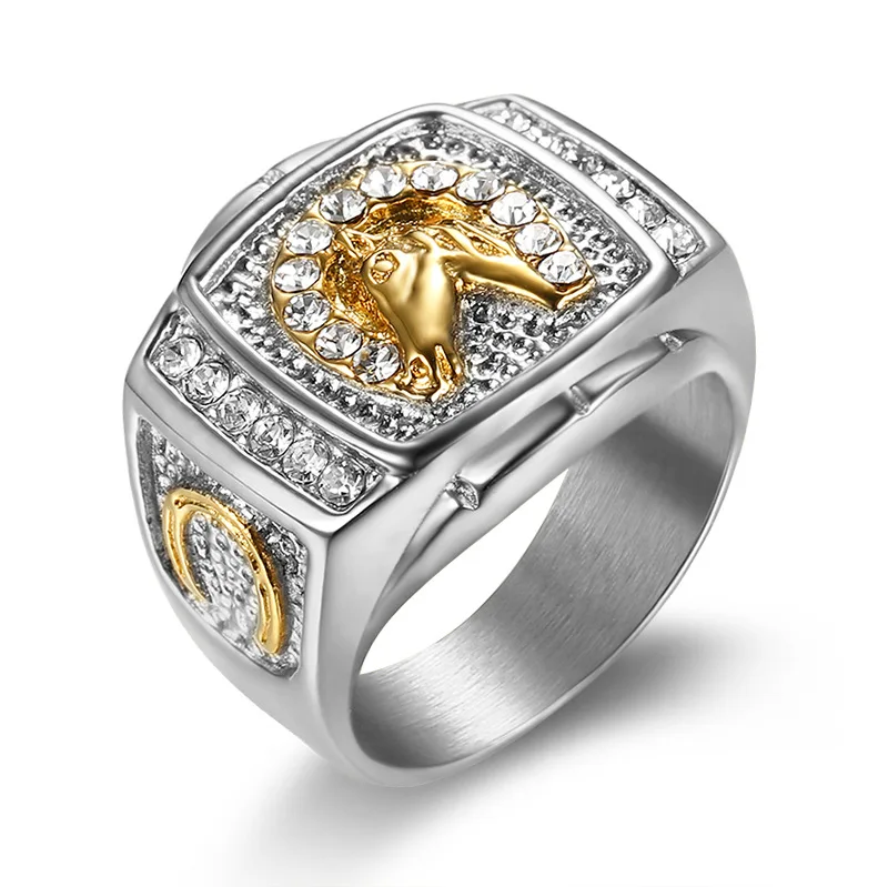 

Hot sale hip hop ornament stainless steel gold plated diamond horse head ring for men,man rings