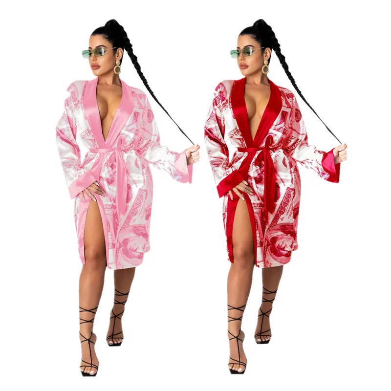 

2021 New Fashion Sexy Pink Money Print Robe Long Sleeve Designer Robes Nightgown Silk Satin Kimono Spa Robes, Blue