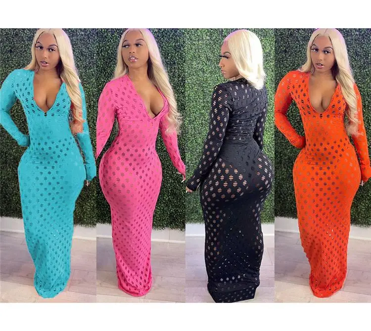 

A0301- ladies clothes long sleeve v-neck zipper hollow out dress maxi dresses