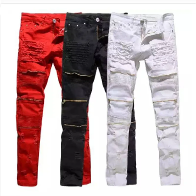 

Men biker Skinny jeans buttom side zipper knee protection elastic jeans denim Biker jeans pants in stock accept small order