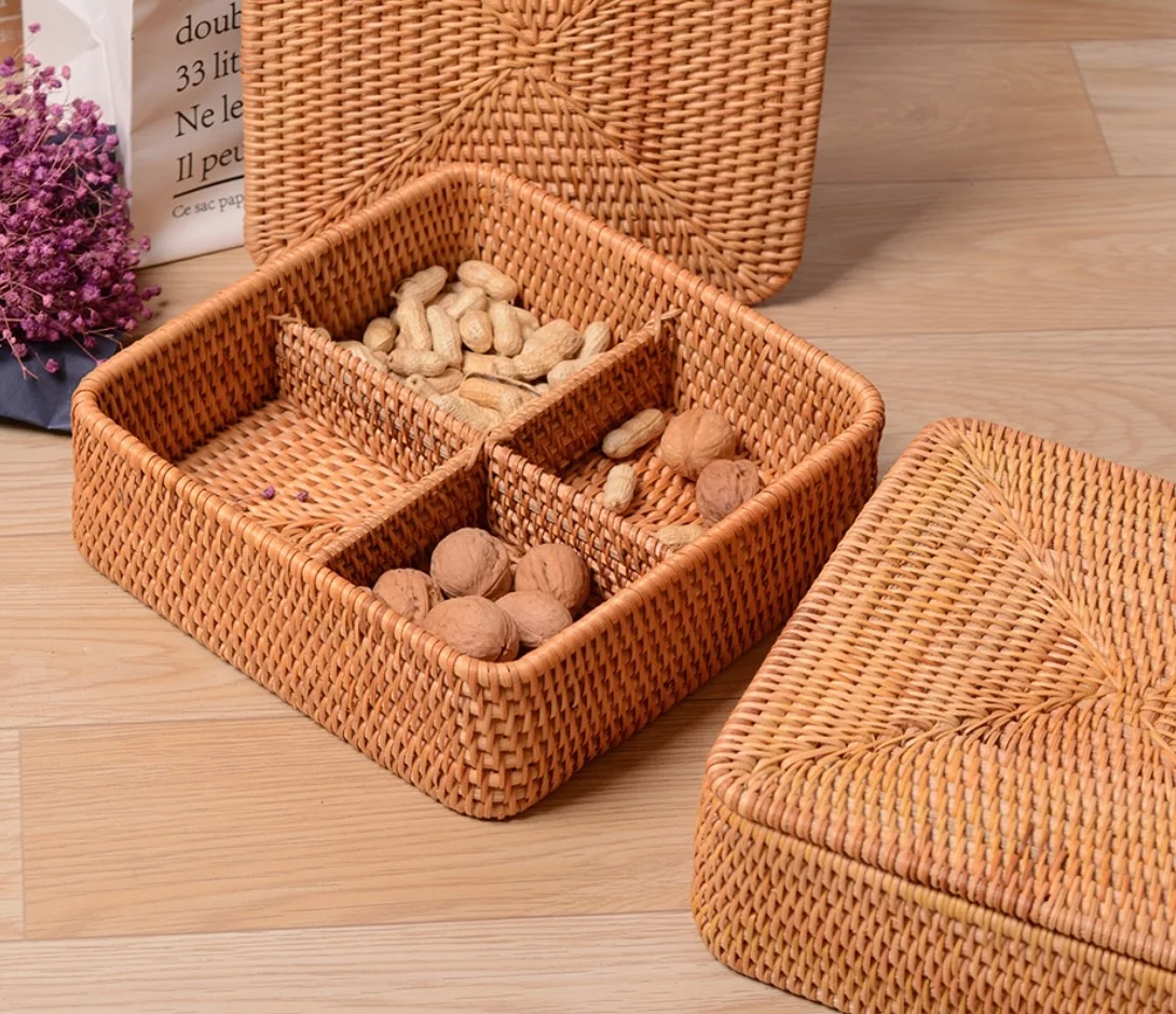 

Bamboo Wood Storage Box with Dividers Creative Multi Use as Snack Organizer Pantry Fruits Basket Serving Tray Container