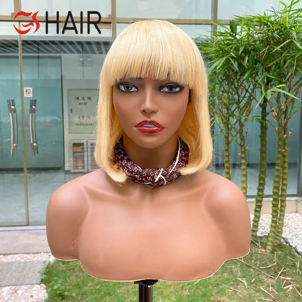 

GS Wholesale 6a grade 613 Blonde Bob Wig With Bangs Brazilian Straight None Lace Machine-Made Short Bob Wig For Women