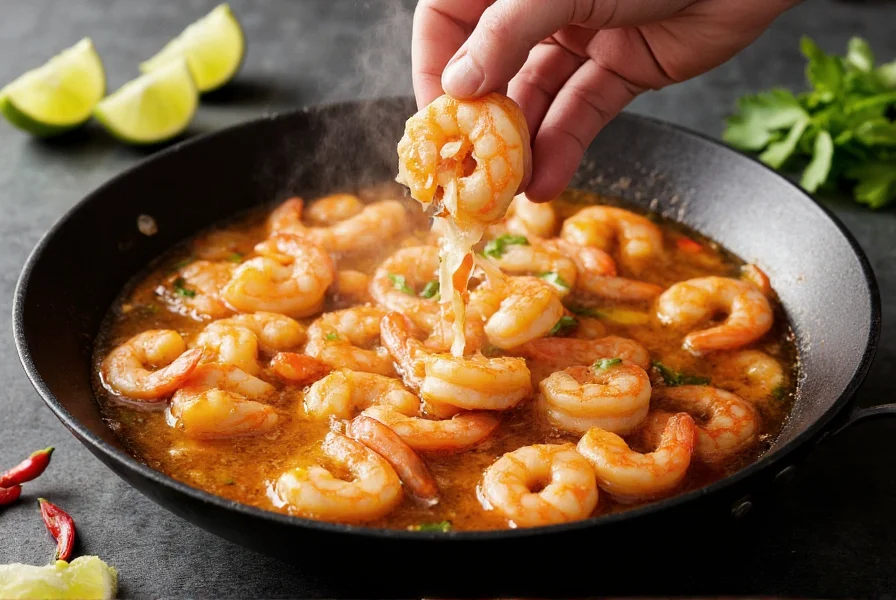 Fresh shrimp being added to vibrant orange lime chili broth in a black wok with steam rising, fresh lime wedges and cilantro garnish nearby