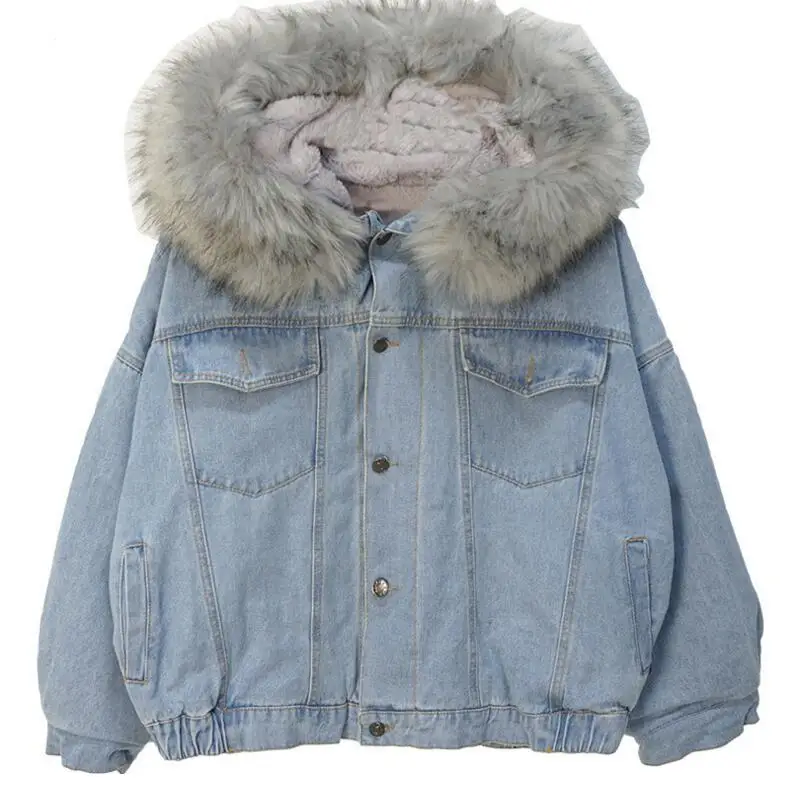 

WIIPU Women Winter Warm Denim Jacket Hooded Faux Fur Collar Thick Trucker Jeans Coat