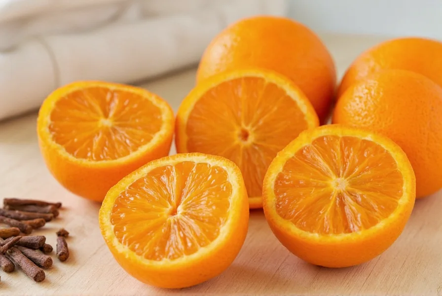 Various display options for dried orange and cloves pomanders in home settings