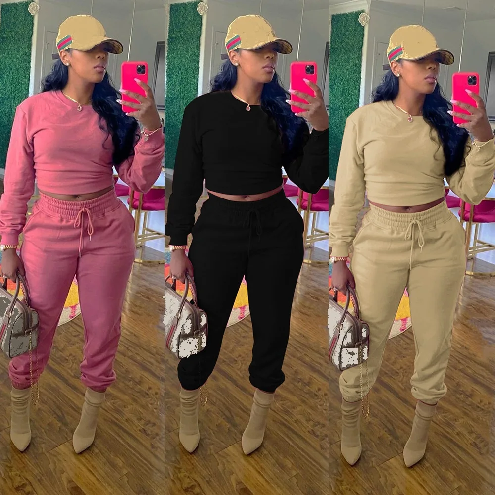 

H7833 - hot selling woman casual fit long sleeve solid 2 piece set