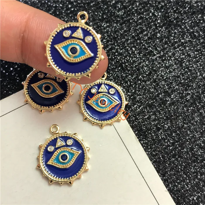 

Blue Enamel Eyes Round Coin Shape Pendant, 18K Gold Filled Micro CZ Pave Charm