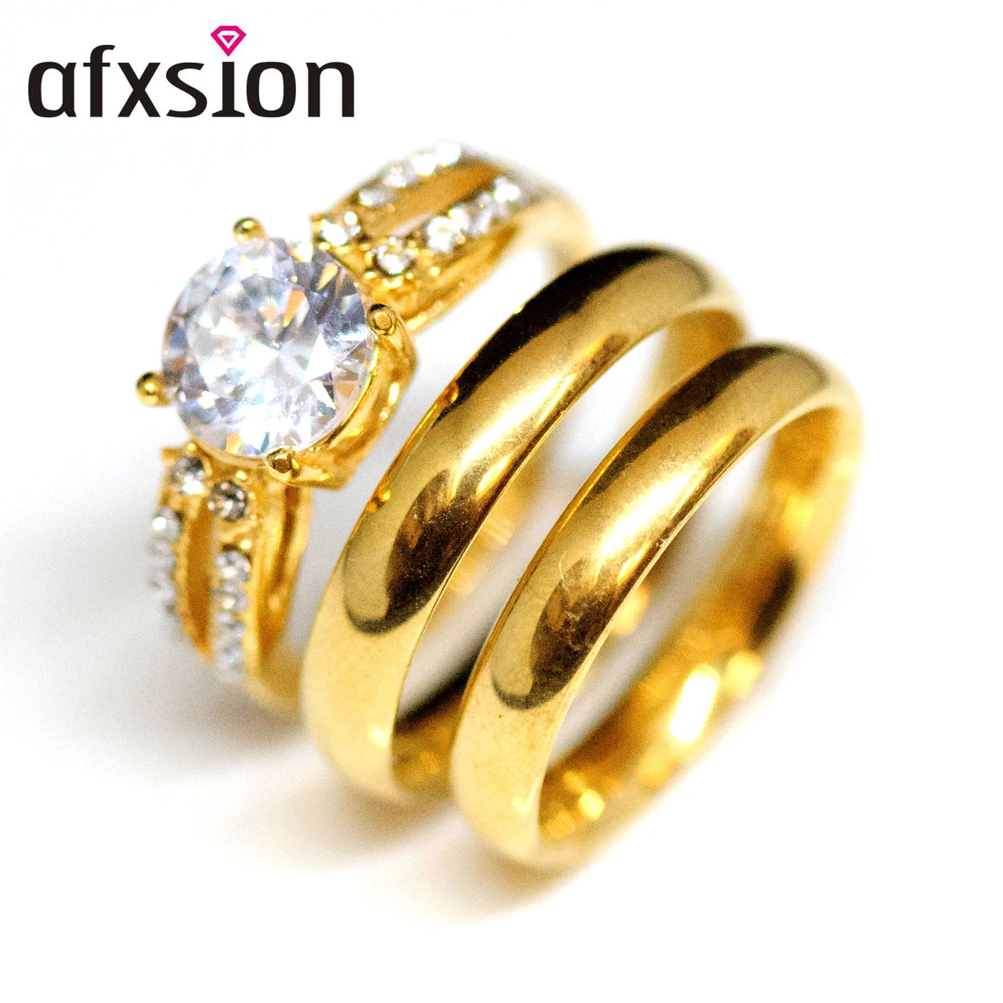 

AFXSION wholesale Stainless steel jewelry 18k gold rose gold couple ring Wedding diamond ring, Picture