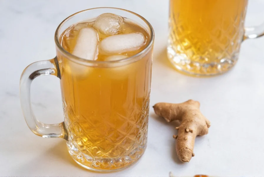 Natural ginger root and glass of homemade ginger ale showing real ginger ingredients for upset stomach relief