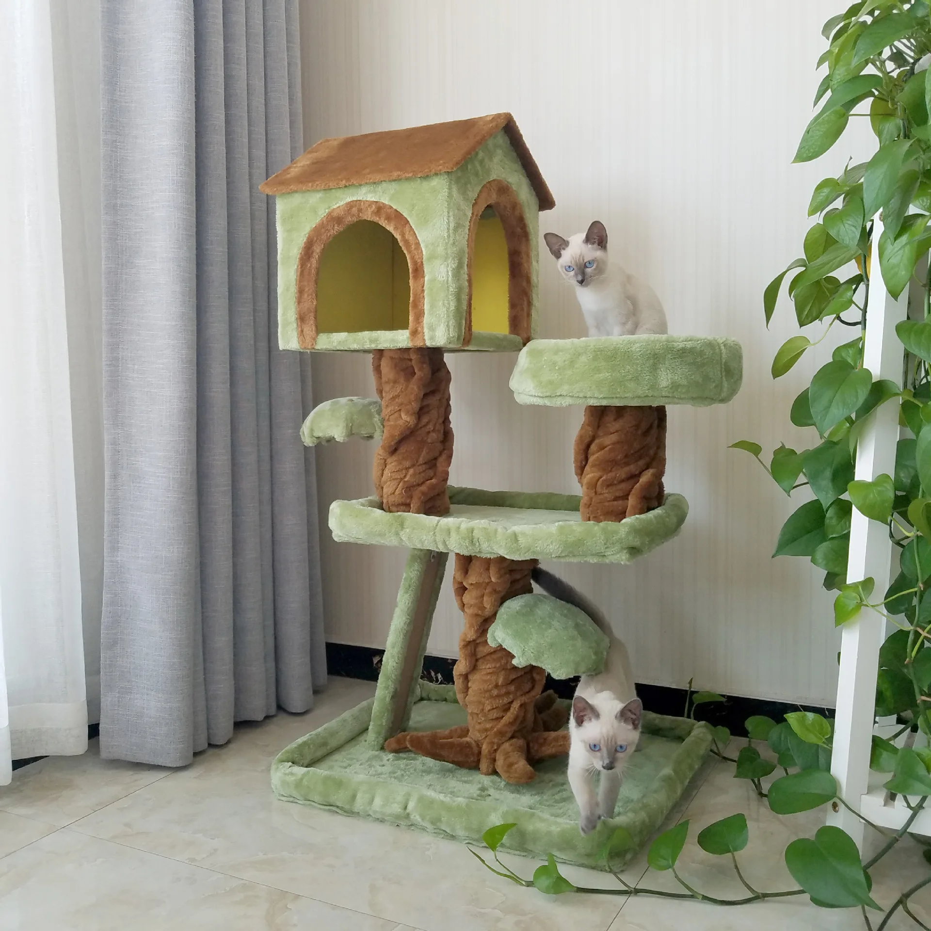 

High Quality Wooden Big Cat Tree Wood Scratcher Large Cat Tower Tree House, Green