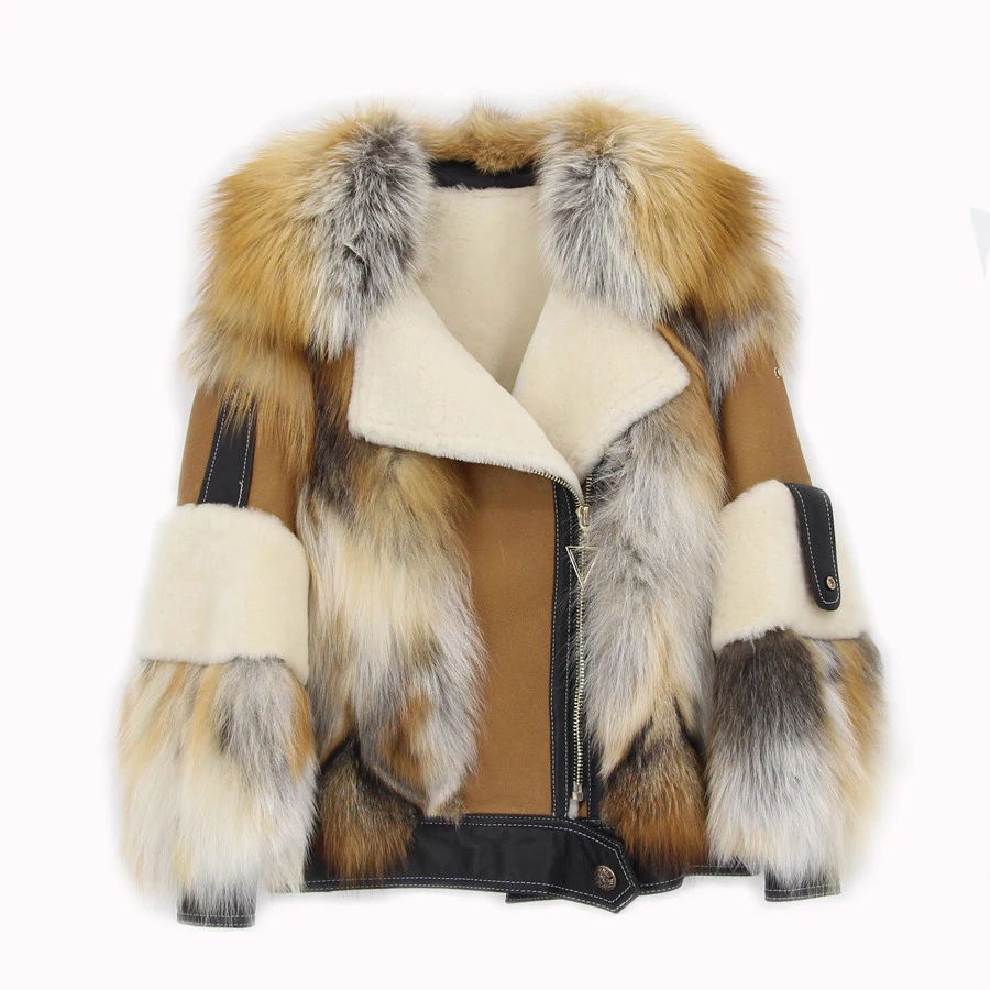 

QIUCHEN QC21089 Fashion Women Winter Luxury short Red Fox Fur Motorcycle Jacket shearling coat with fox fur