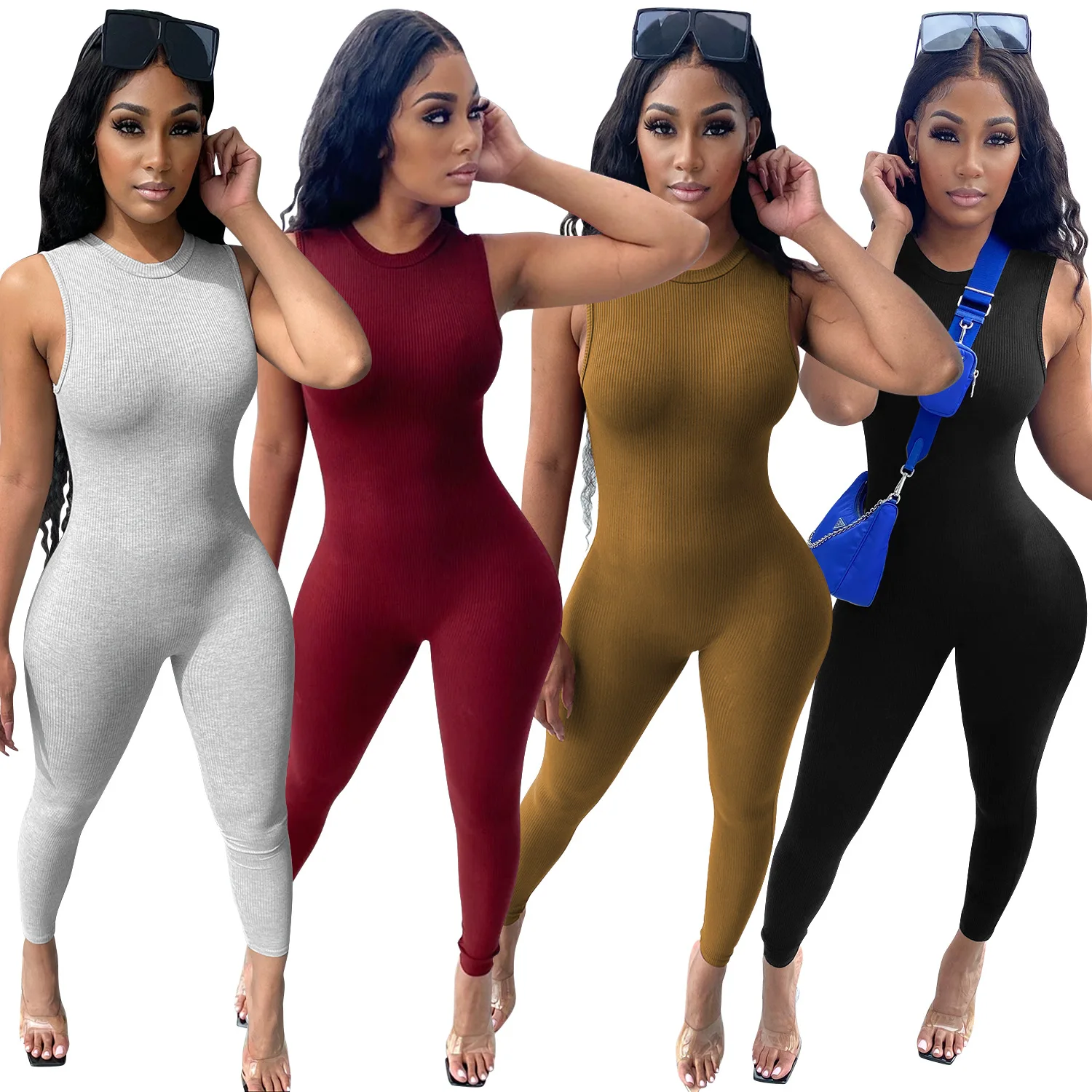 

Foma X3897 Casual ladies sport wear knitted workout rompers sleeveless jumpsuit 2021 for women