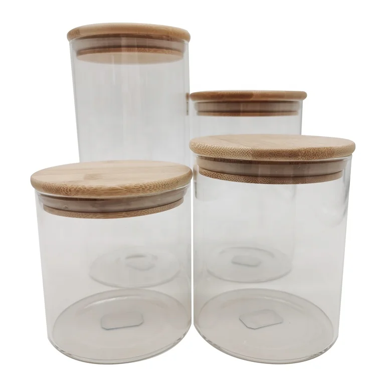 

Food Grade Glass jar Wooden bamboo lid 200ml 300ml 500ml airtight Glass Jar container With Bamboo Lid for Food