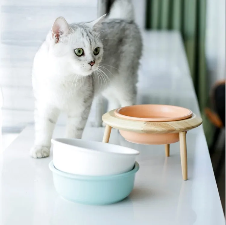 

High Quality Detachable Elevated Pet Food Feeder Matted wooden frame Pet Ceramic Bowl with Stand, 3 colors