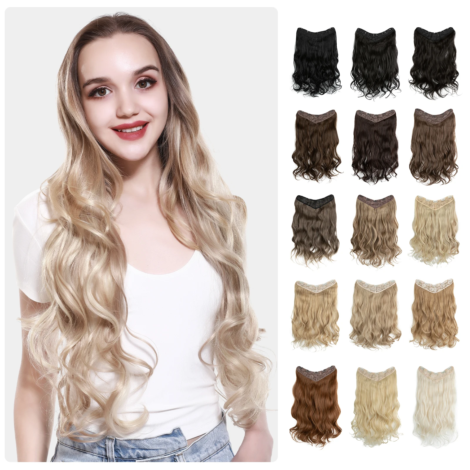Wholesale SARLA VH01 26" Synthetic V Part Wig Curly Seamless Natural Blonde 5 Clips in Pre-Bonded Ring-X Hair Extensions Women