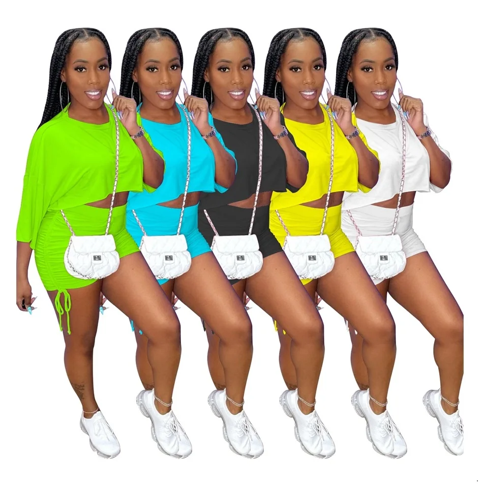 

2021 fall autumn new arrivals women solid color clothing outfit casual long sleeve T shirt crop top two 2 piece shorts pants set