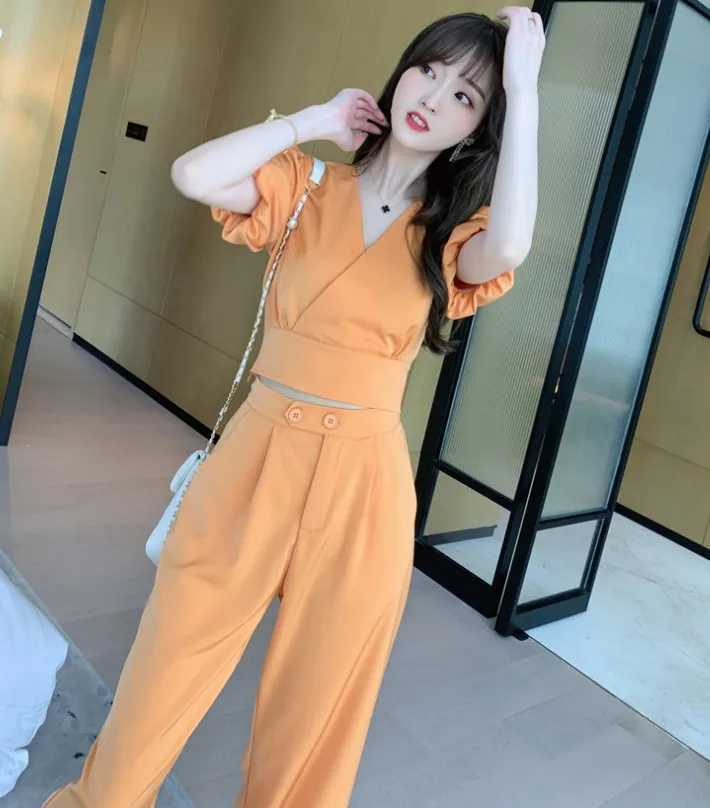 

2021New Summer Lady Slim Wide Leg Pants Casual Lantern Sleeve Women Two Piece Set