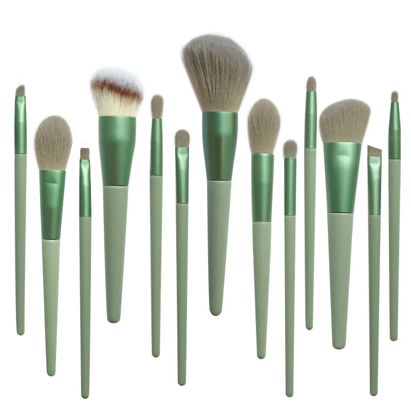 

Wholesale Makeup Brush Private Label 13pcs Face/eye Soft Dense Synthetic Hair Wood Handle Makeup Brushes Set, Green/customized