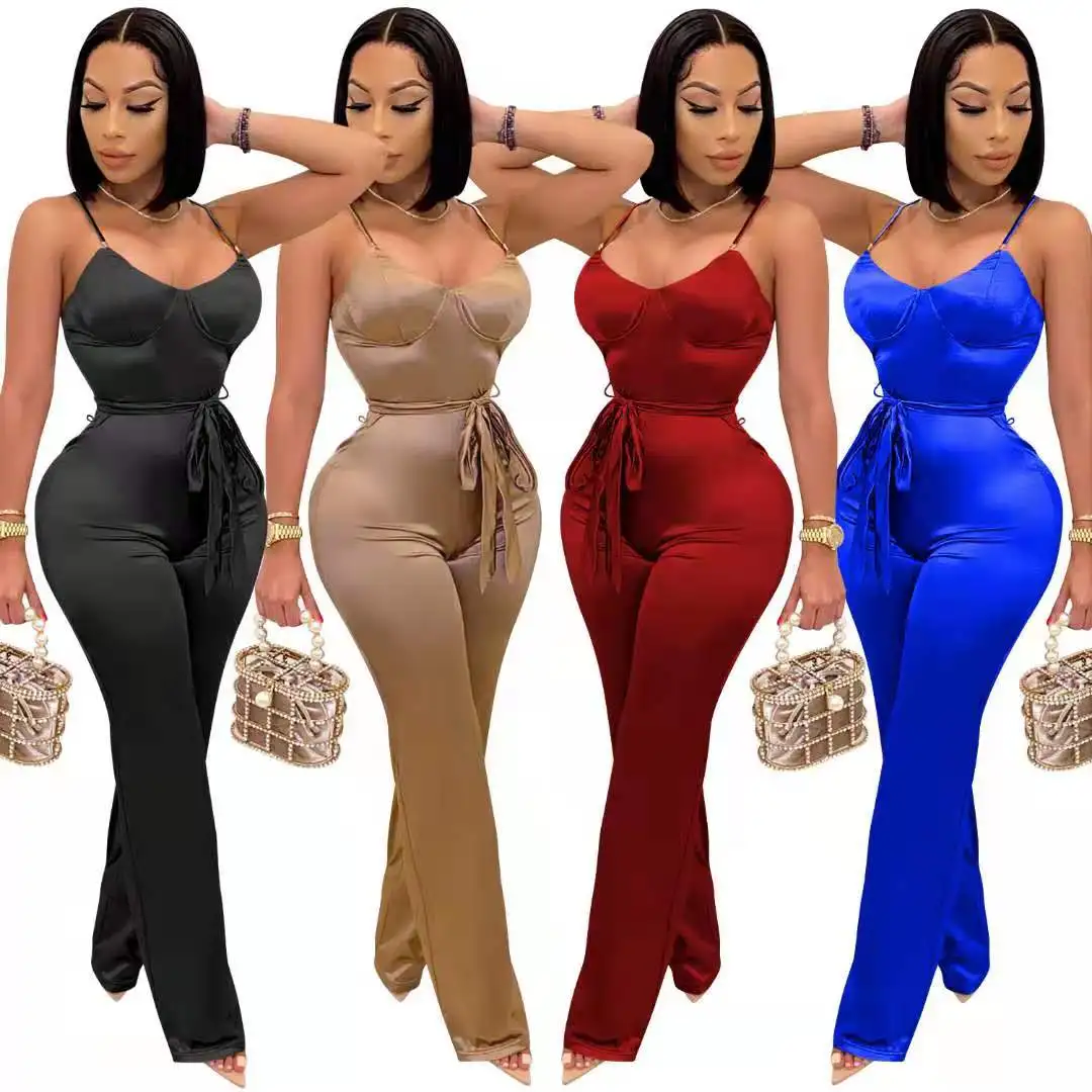 

2021 new arrivals Spring Fashion Women Solid color suspender sleeveless straight pants Custom Jumpsuit, Picture show
